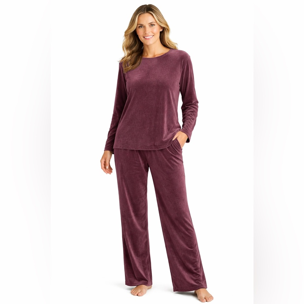 Lands’ End Velour Lounge Set Women’s L 14–16 Purple Eggplant Two Piece Set